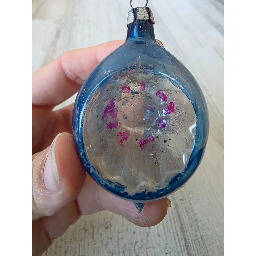 Vintage indent pink blue glass ornament teardrop ball Xmas tree